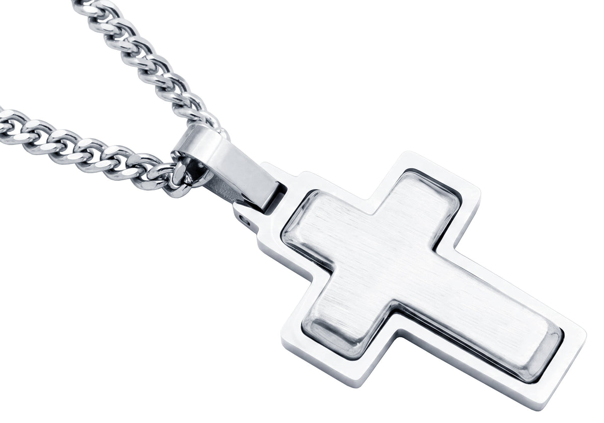 Men's Stainless Steel Cross Pendant Necklace With 24" Curb Chain