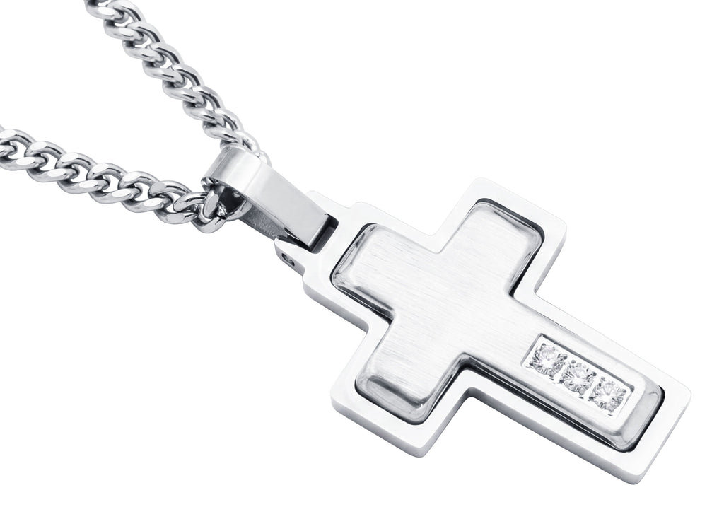 Men's Stainless Steel Cross Pendant Necklace With Cubic Zirconia With 24" Curb Chain