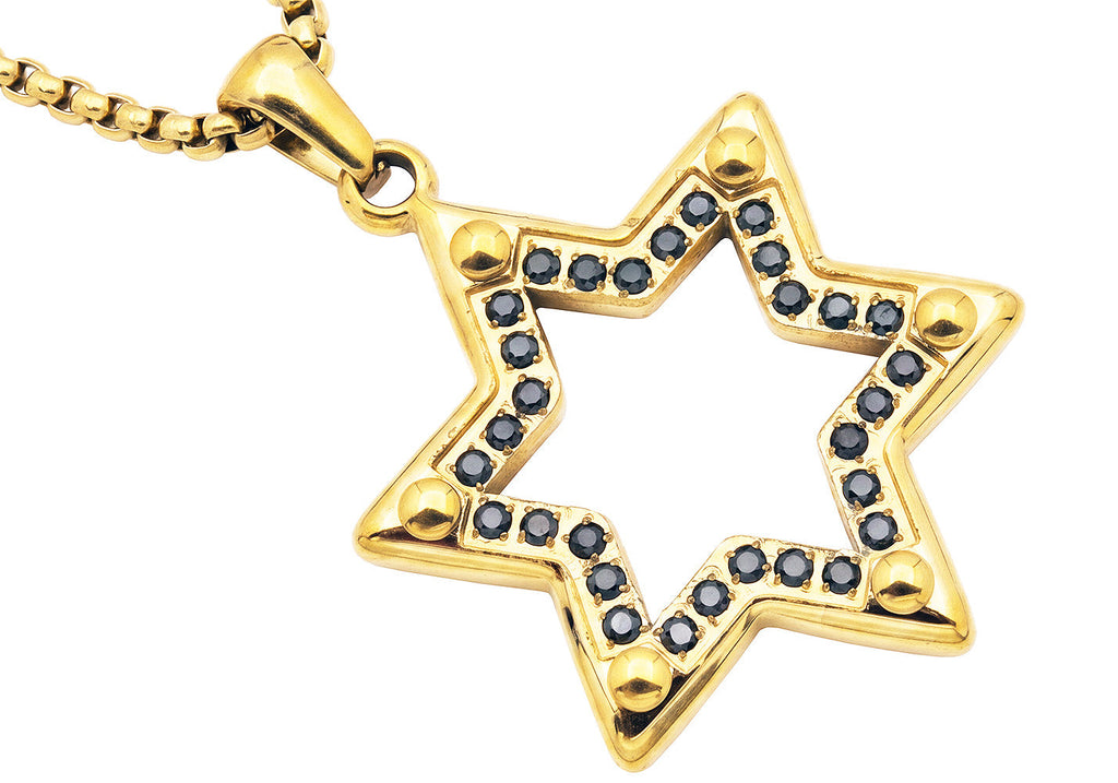 Mens Gold Plated Stainless Steel Star Of David Pendant With Black Cubic Zirconia