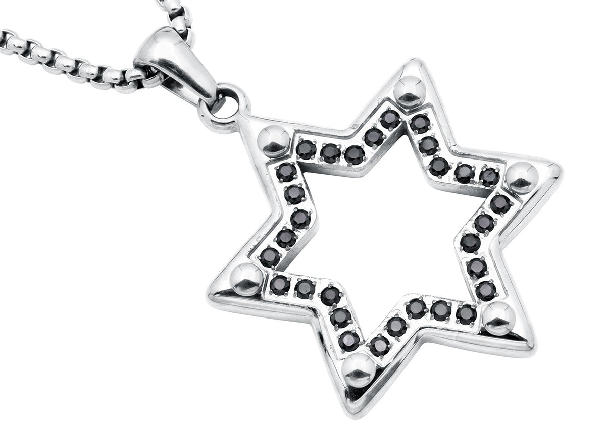 Mens Stainless Steel Star Of David Pendant With Black Cubic Zirconia