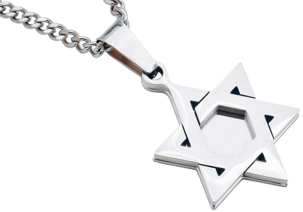 Mens High Polish Stainless Steel Star Of David Pendant