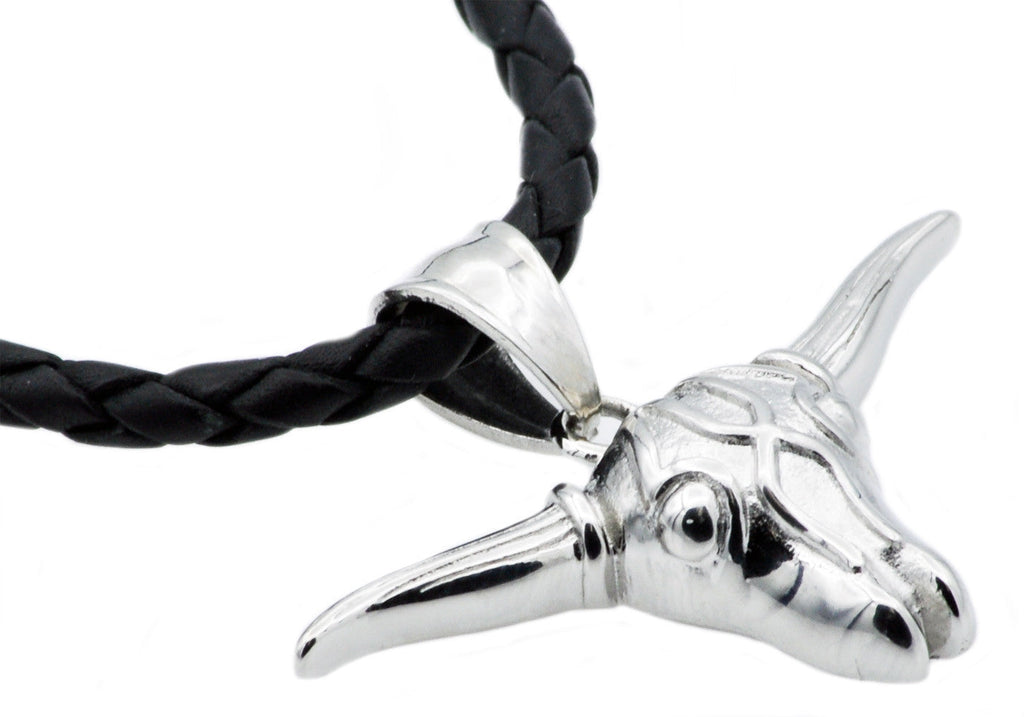 Mens Black Leather Stainless Steel Bull Pendant