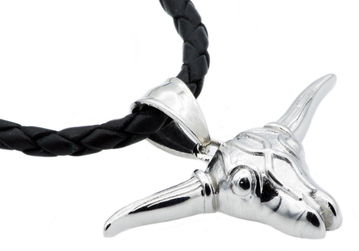 Mens Black Leather Stainless Steel Bull Pendant