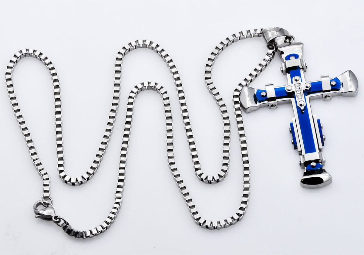Mens Blue Stainless Steel Pendant With Cubic Zirconia