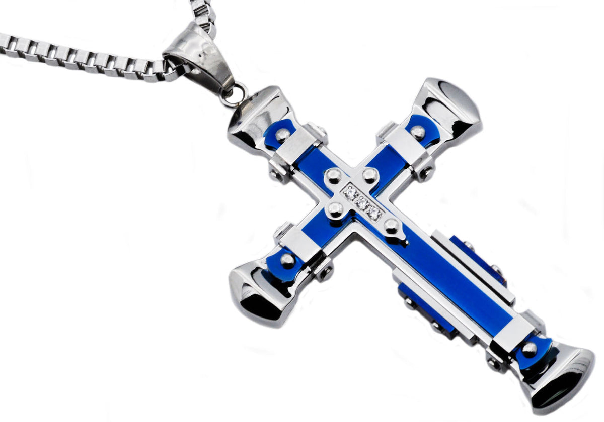 Mens Blue Stainless Steel Pendant With Cubic Zirconia