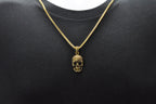 Mens Gold Stainless Steel Skull Pendant With Black Cubic Zirconia