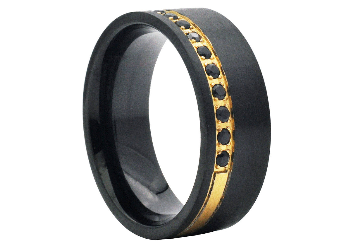 Mens Two-tone Stainless Steel Ring with Black Cubic Zirconia