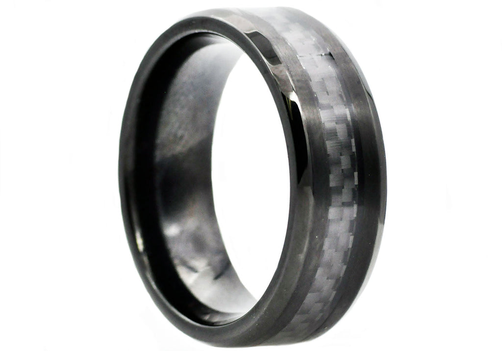 Mens Black Carbon Fiber And Black Stainless Steel 8mm Band Ring