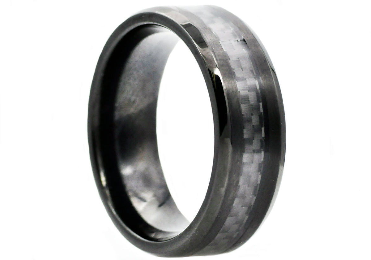 Mens Black Carbon Fiber And Black Stainless Steel 8mm Band Ring