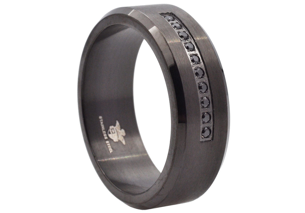 Mens Black Stainless Steel Ring With Black Cubic Zirconia