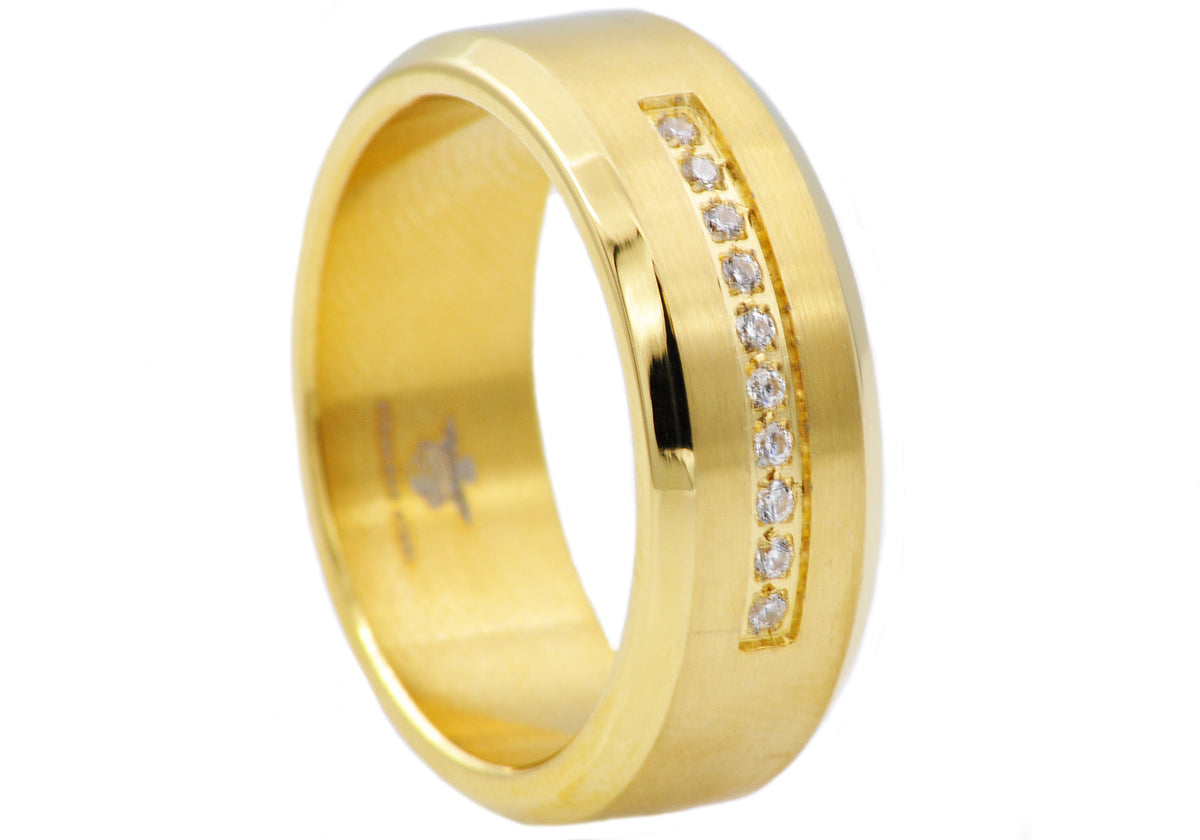 Mens Gold Stainless Steel Ring With Cubic Zirconia