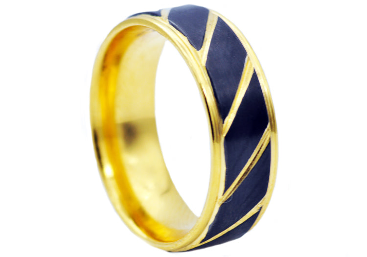 Mens 8mm Black And 18k Gold Stainless Steel Etched Striped Ring