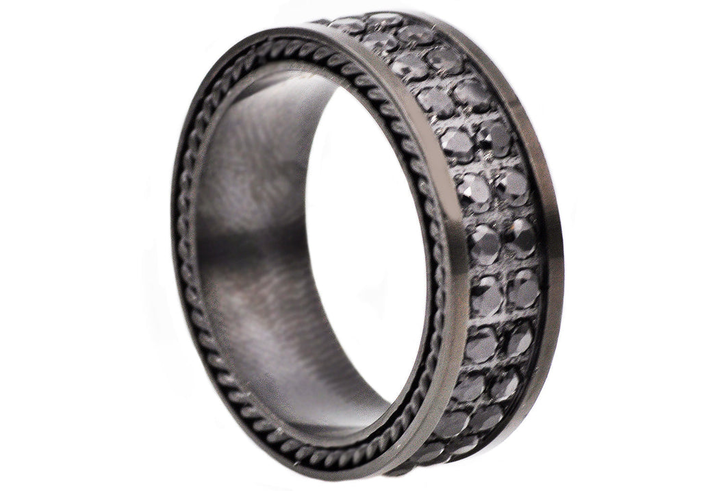 Mens 8mm Black Stainless Steel Two Row Black Cubic Zirconia Eternity Band Ring