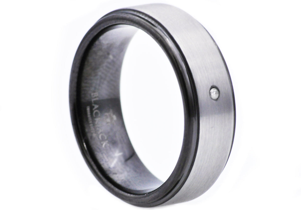 Mens Black Plated Tungsten Ring With Diamond