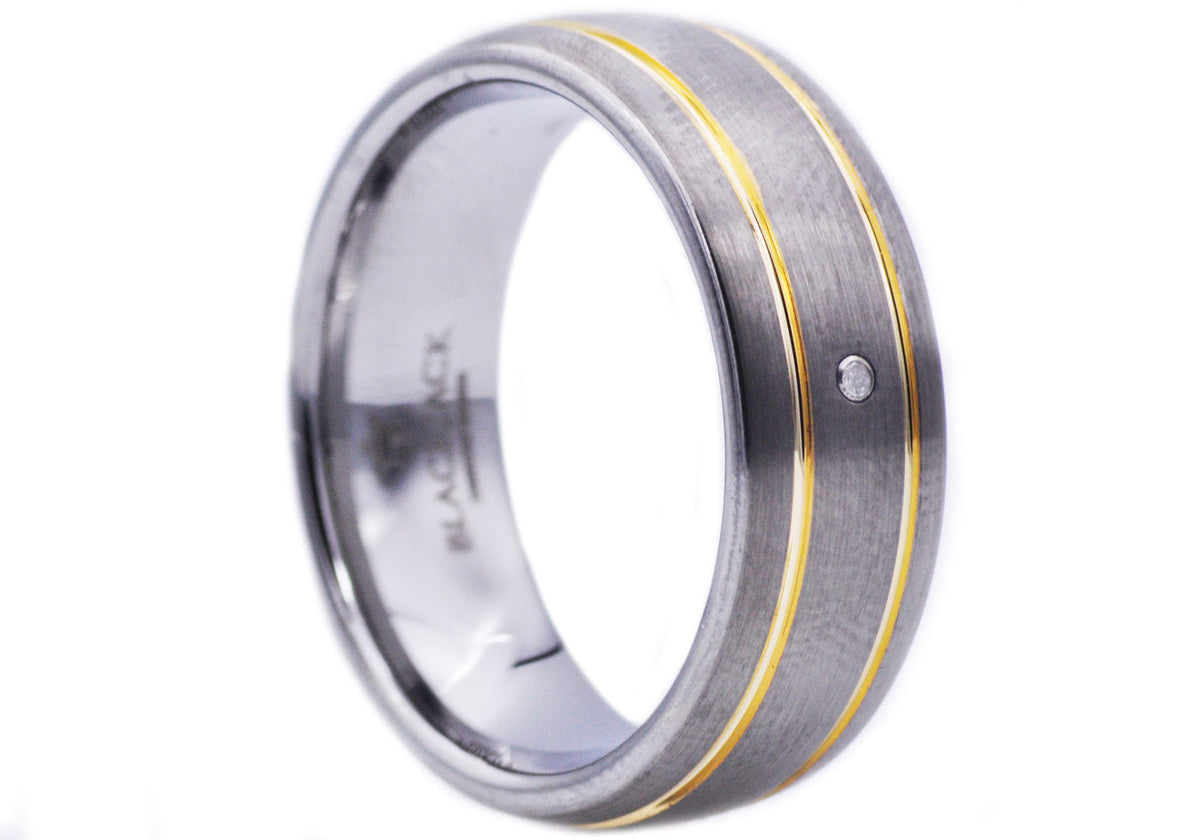 Mens Gold Tungsten Band Ring With Diamond