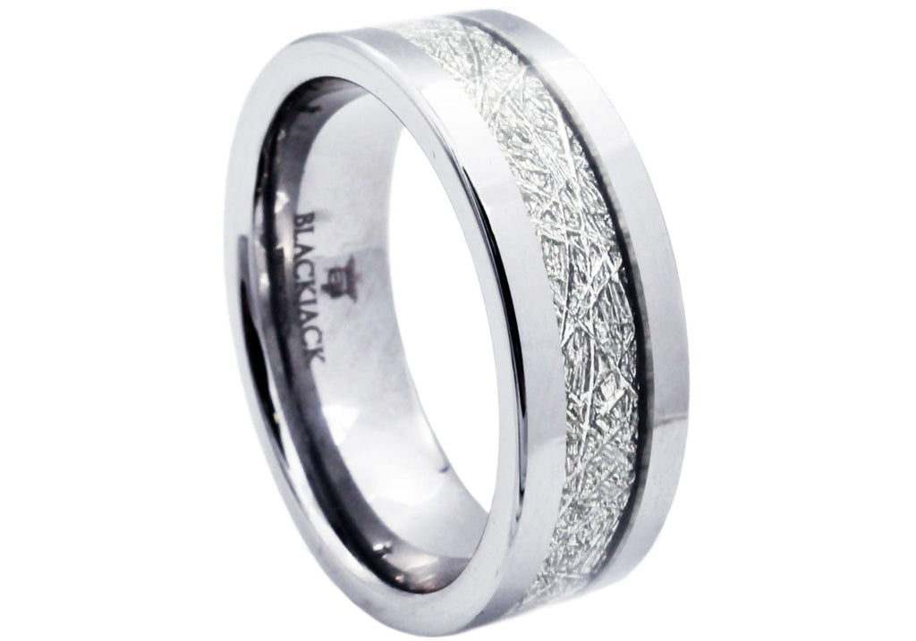 Mens Genuine Meteorite Stone Inlay Tungsten Band Ring