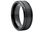 Men's Black Tungsten Double Etched Stripe Band Ring