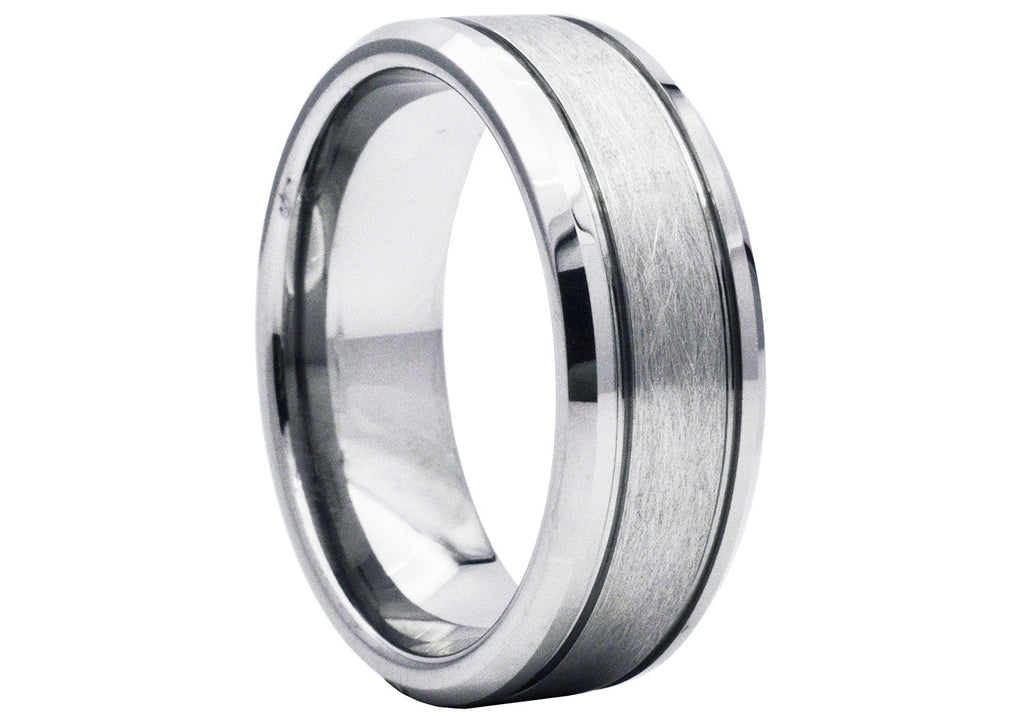 Men's Sanded Tungsten Double Etched Stripe Band Ring