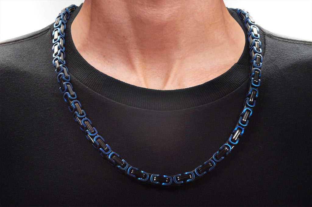 Mens Black And Blue Stainless Steel Byzantine Link Chain Necklace