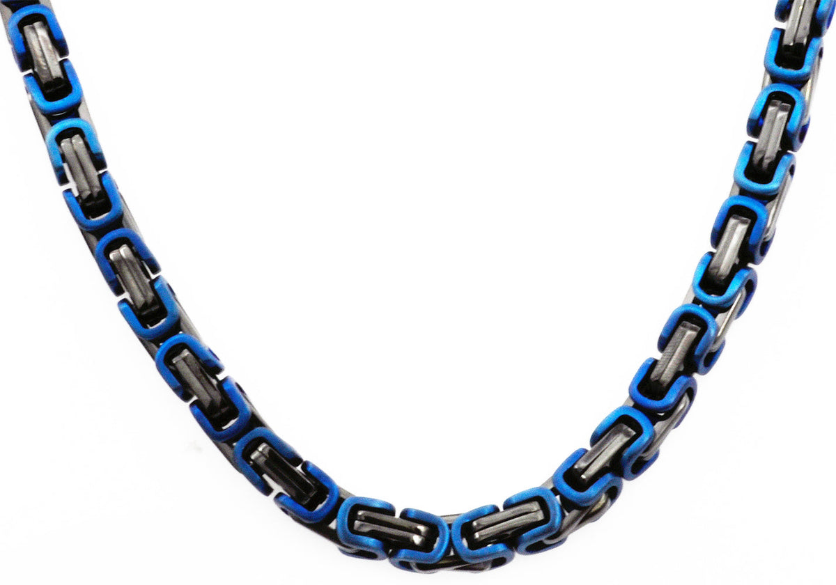 Mens Black And Blue Stainless Steel Byzantine Link Chain Necklace