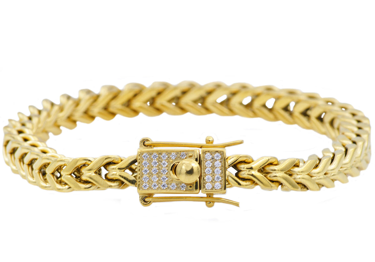 Mens Gold Stainless Steel Franco Link Chain Bracelet With Cubic Zirconia Box Clasp
