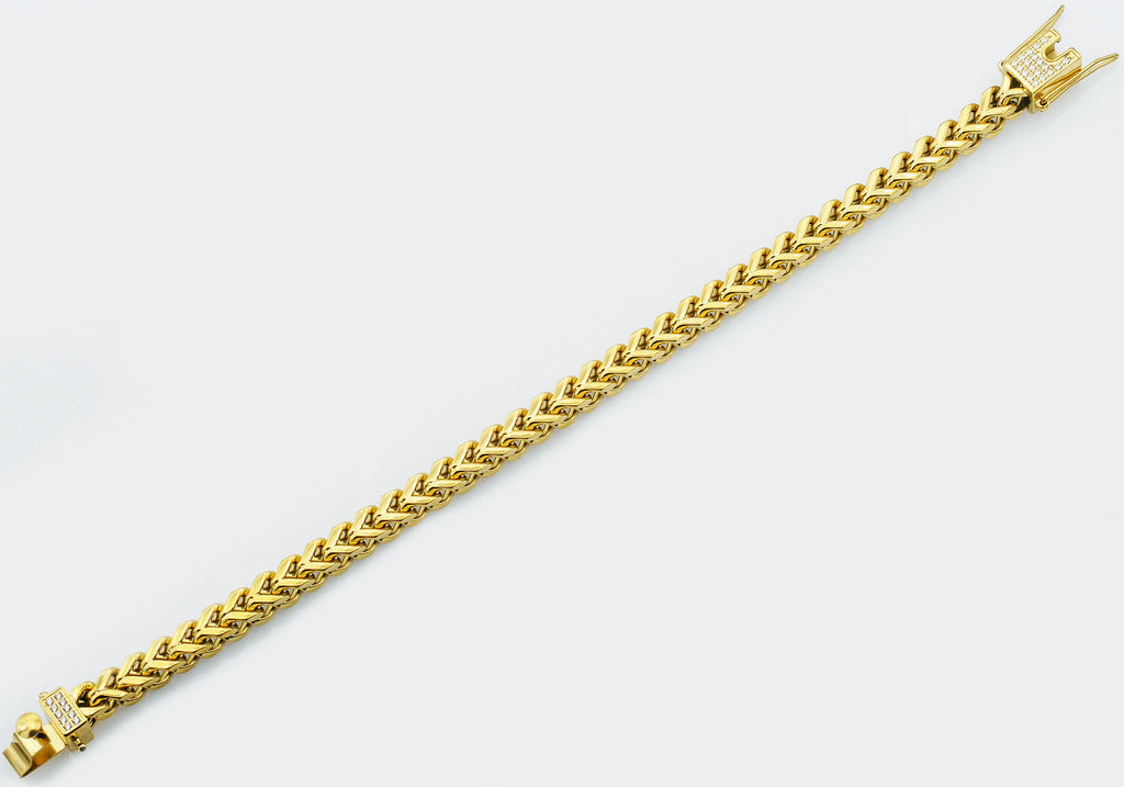 Mens Gold Stainless Steel Franco Link Chain Bracelet With Cubic Zirconia Box Clasp