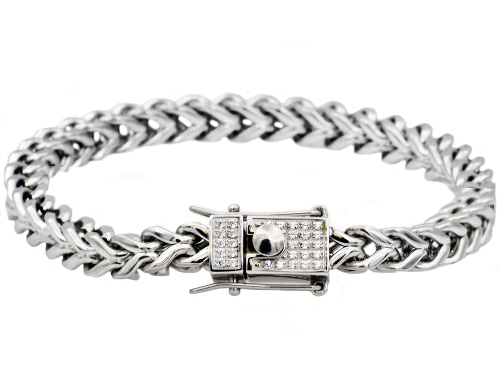 Mens Stainless Steel Franco Link Chain Bracelet With Cubic Zirconia Box Clasp