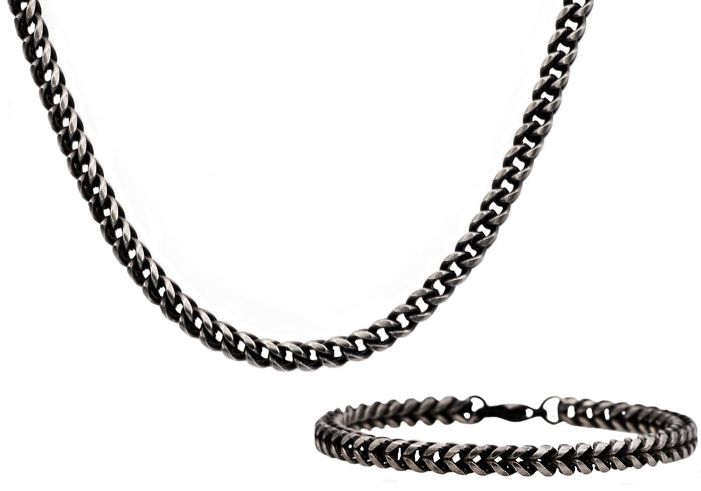 Mens Antique Plated Stainless Steel Franco Link Chain Set