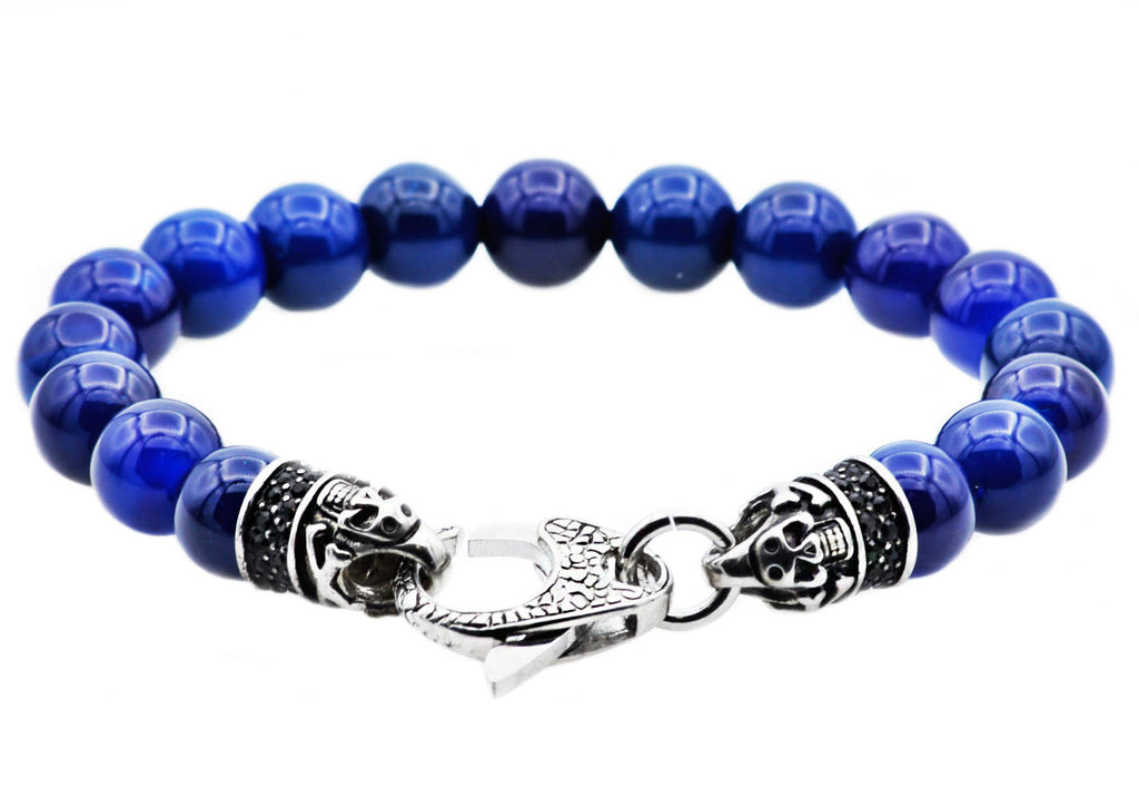 Mens Genuine Blue Agate Stainless Steel Beaded Bracelet With Black Cubic Zirconia