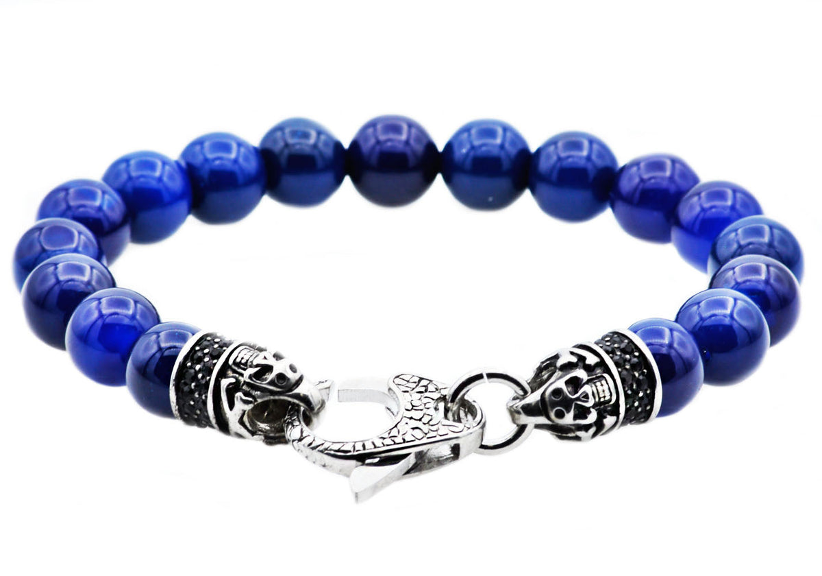Mens Genuine Blue Agate Stainless Steel Beaded Bracelet With Black Cubic Zirconia