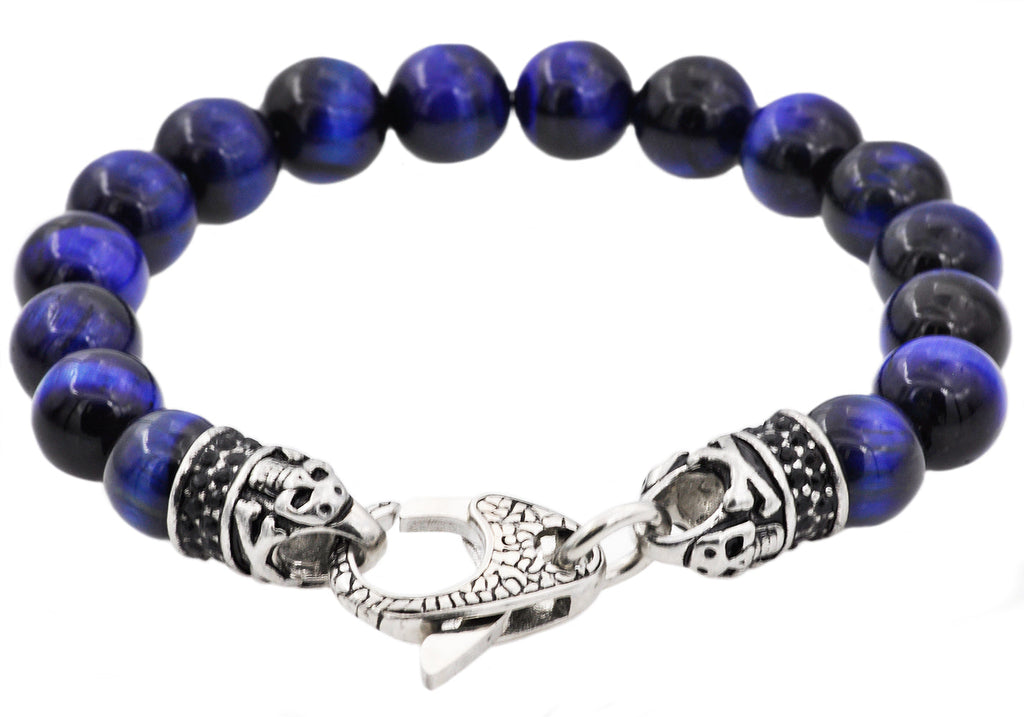 Mens Genuine Blue Tiger Eye Stainless Steel Beaded Bracelet With Black Cubic Zirconia