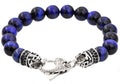 Mens Genuine Blue Tiger Eye Stainless Steel Beaded Bracelet With Black Cubic Zirconia