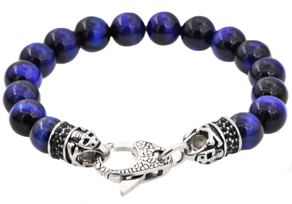 Mens Genuine Blue Tiger Eye Stainless Steel Beaded Bracelet With Black Cubic Zirconia