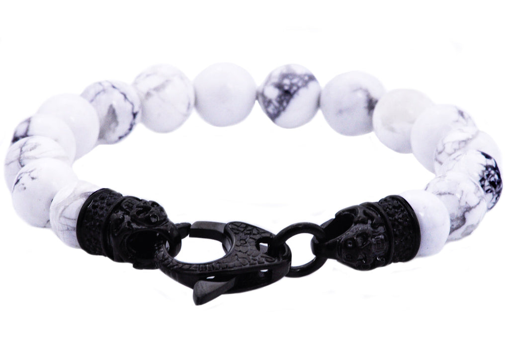 Mens Genuine Howlite Black Plated Stainless Steel Beaded Bracelet With Black Cubic Zirconia