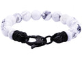 Mens Genuine Howlite Black Plated Stainless Steel Beaded Bracelet With Black Cubic Zirconia