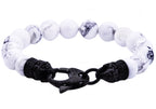 Mens Genuine Howlite Black Plated Stainless Steel Beaded Bracelet With Black Cubic Zirconia
