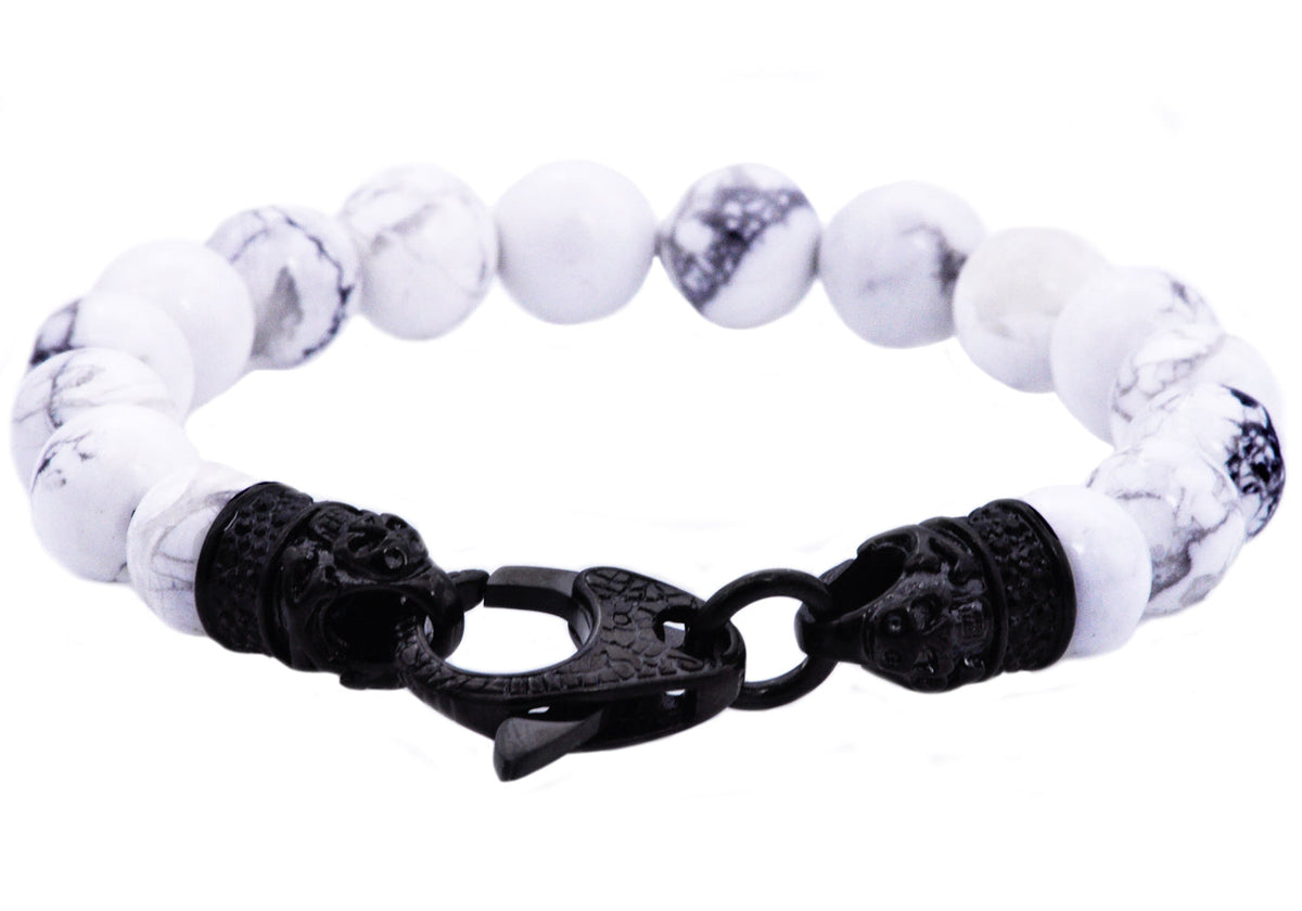 Mens Genuine Howlite Black Plated Stainless Steel Beaded Bracelet With Black Cubic Zirconia