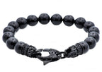 Mens Genuine Onyx Black Stainless Steel Beaded Bracelet With Black Cubic Zirconia