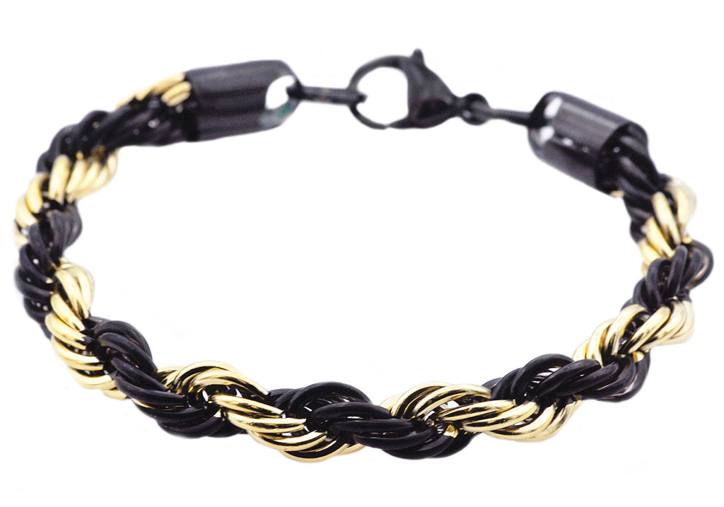 Mens Gold And Black Stainless Steel Rope Chain Bracelet