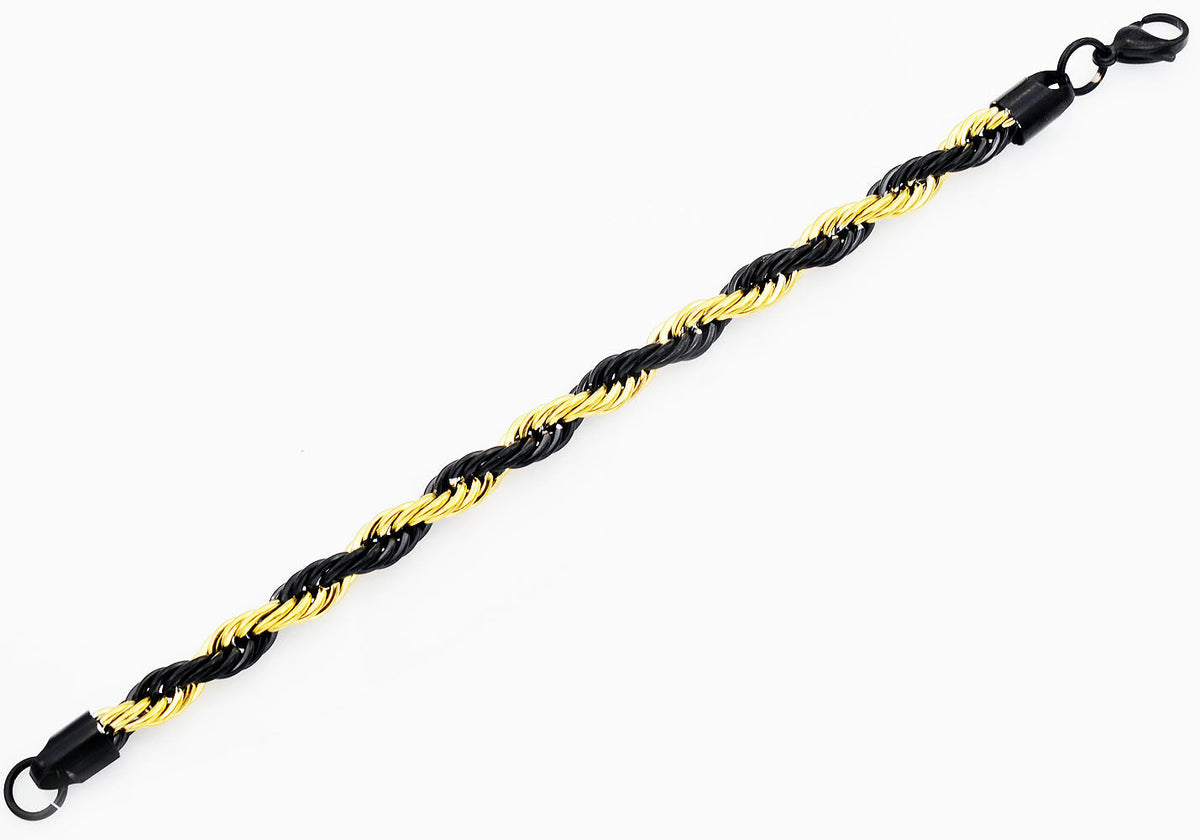 Mens Gold And Black Stainless Steel Rope Chain Bracelet