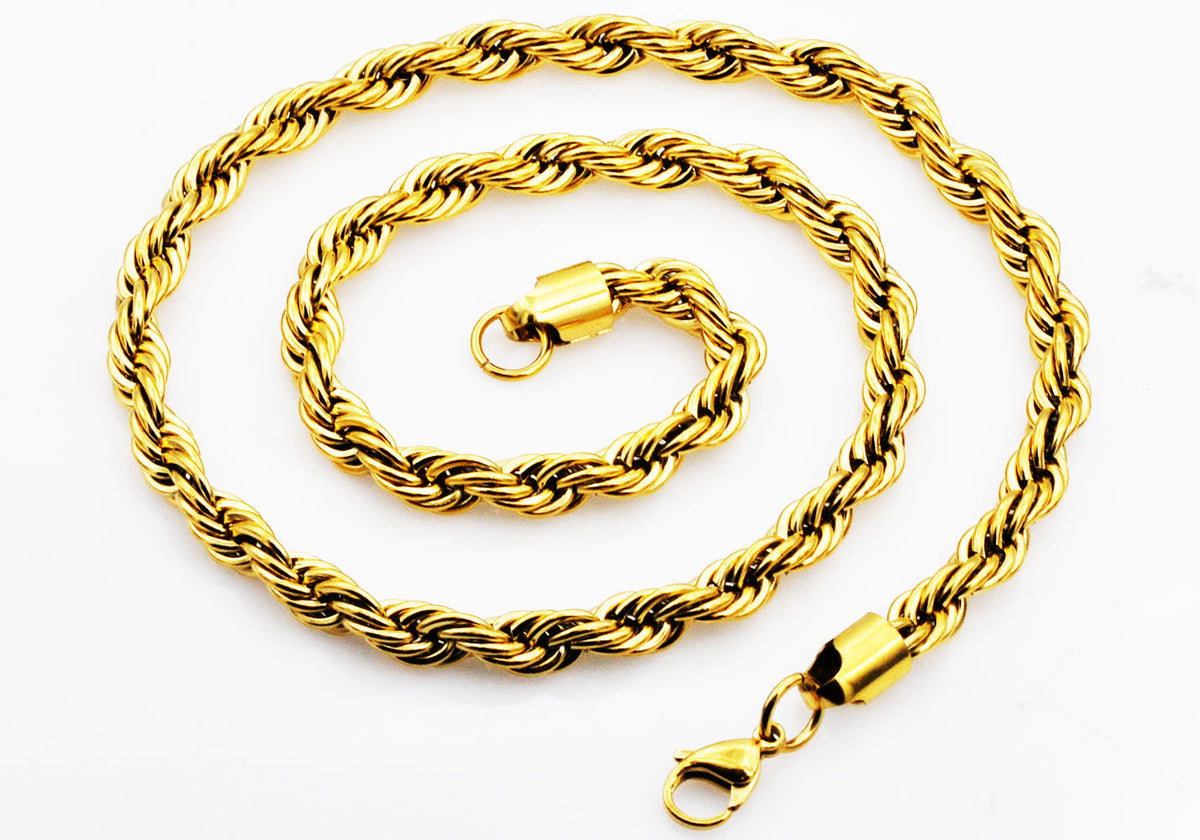 Mens Gold Stainless Steel Rope Chain Necklace