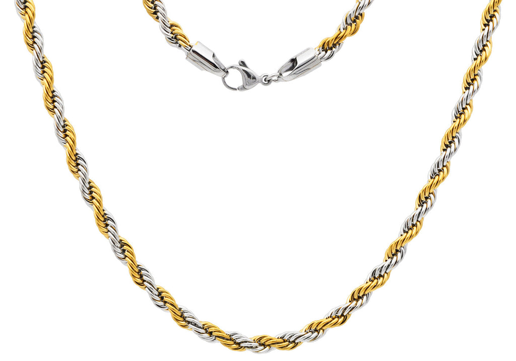 Mens 5MM Two-toned Gold Plated Stainless Steel 24" Rope Chain Necklace