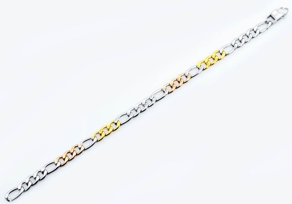 Mens Tricolor Rose and Yellow Gold Stainless Steel Figaro Link Chain Bracelet