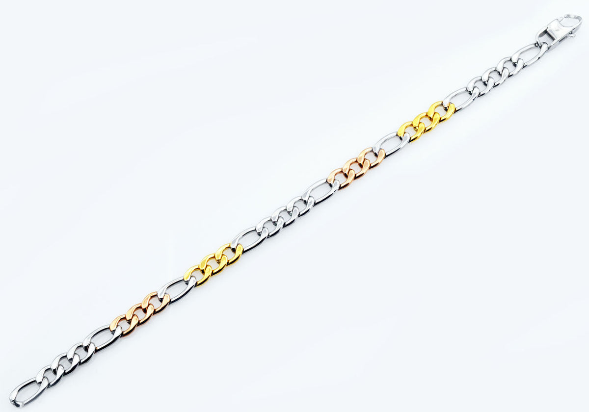 Mens Tricolor Rose and Yellow Gold Stainless Steel Figaro Link Chain Bracelet