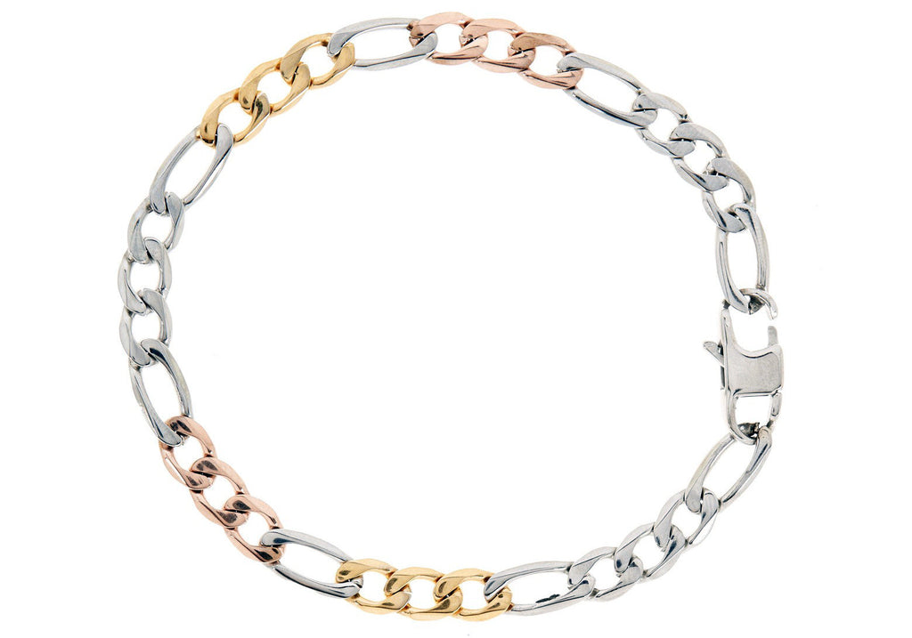 Mens Tricolor Rose and Yellow Gold Stainless Steel Figaro Link Chain Bracelet