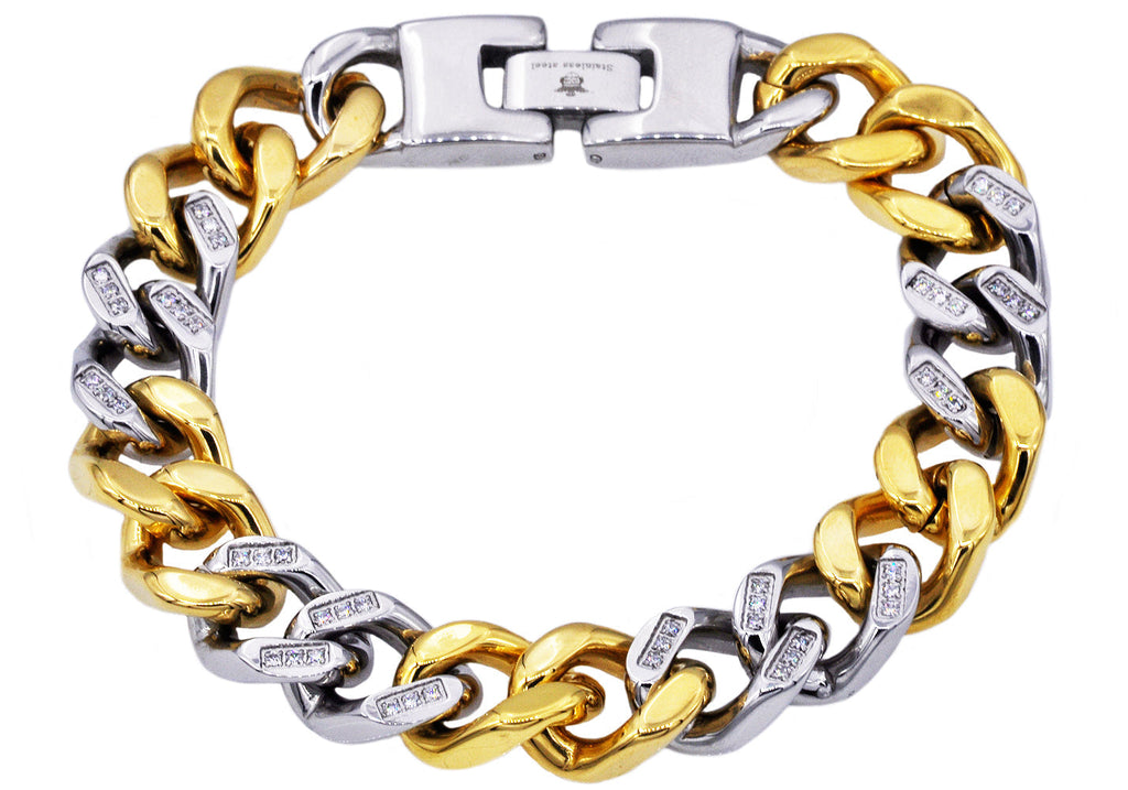 Mens Two Tone Gold Stainless Steel Curb Link Chain Bracelet With Cubic Zirconia