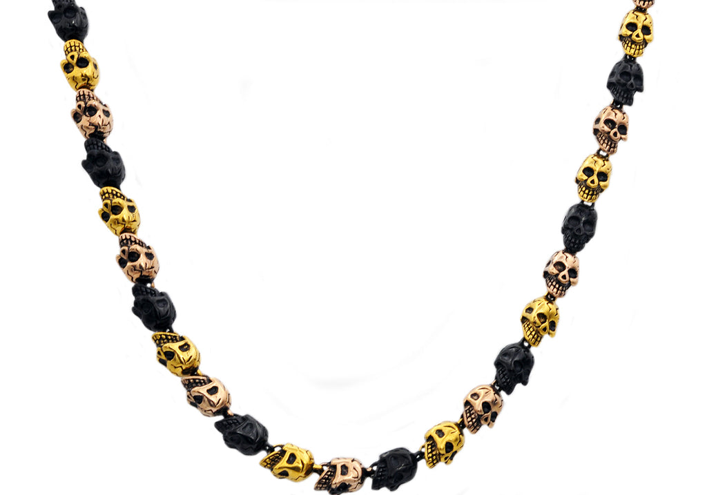 Mens Tri Tone Stainless Steel Skull Chain Necklace