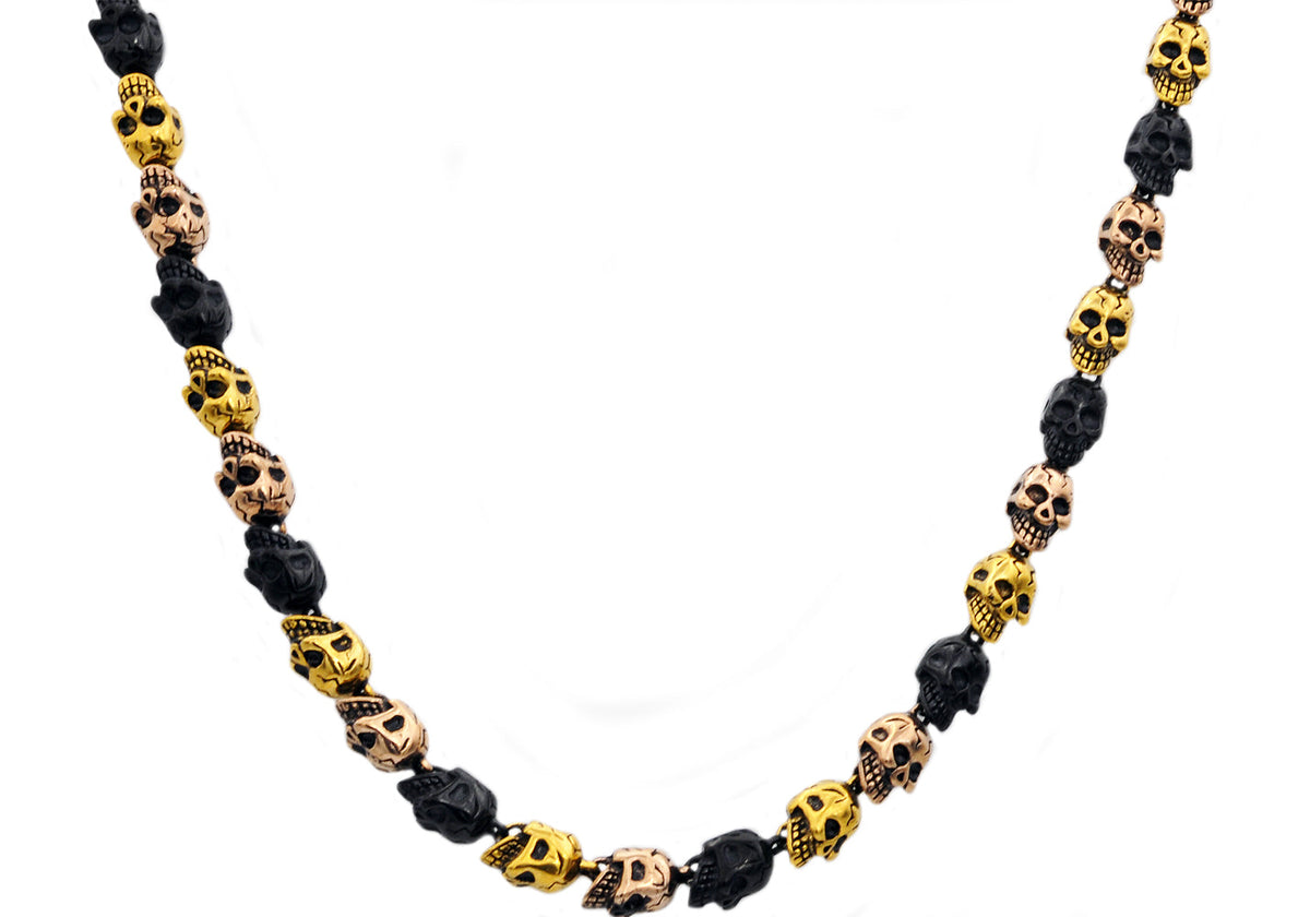 Mens Tri Tone Stainless Steel Skull Chain Necklace