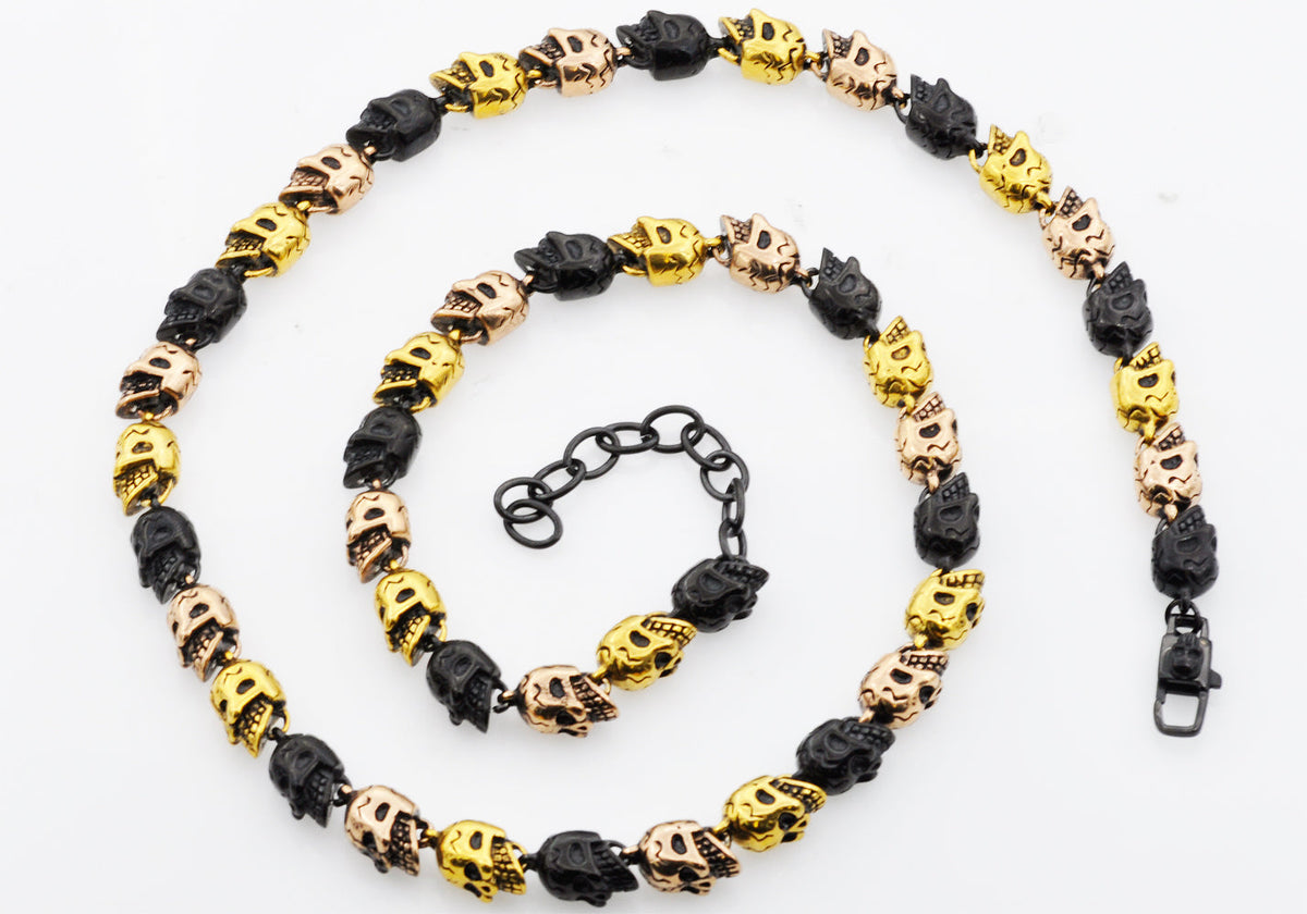 Mens Tri Tone Stainless Steel Skull Chain Necklace