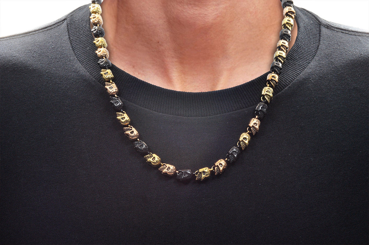 Mens Tri Tone Stainless Steel Skull Chain Necklace